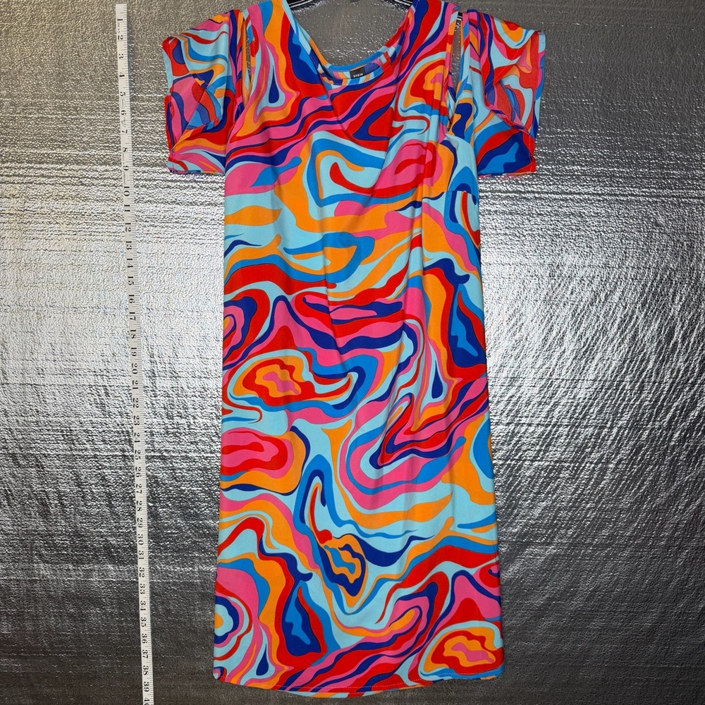 SHEIN Colorful Swirl Mini Dress Peek a Boo Shoulder